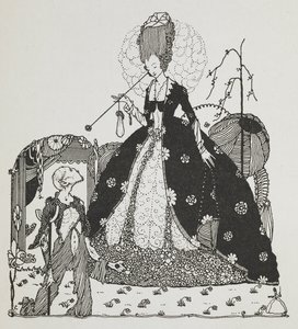 Een dame kijkt neer op een bedelaar die om geld vraagt. door Harry Clarke