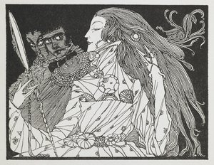 Een vrouw die naar haar spiegelbeeld in een handspiegel kijkt. door Harry Clarke
