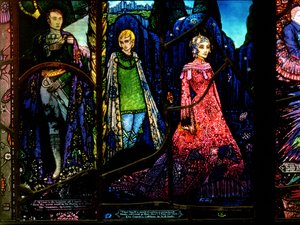 Detail van het Genève-raam met The Dreamers door Lennox Robinson en Countess Cathleen door W.B. Yeats