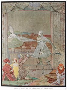 "Hij zag, op een bed, het mooiste gezicht dat ooit werd aanschouwd." De Prins ziet de Prinses, "Doornroosje", op haar bed. door Harry Clarke