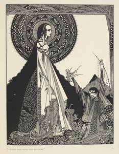 "Ik zou luid haar naam roepen." Illustratie van Ligeia, een kort verhaal. "Ligeia" is een kort verhaal van Edgar Allan Poe. Het verhaal volgt een naamloze verteller en zijn vrouw Ligeia, een mooie en intelligente vrouw met ravenzwart haar. Ze wordt ziek, c door Harry Clarke
