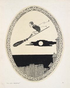 "Als ik een bezemsteel had". Illustratie voor een gedicht door Patrick R. Chalmers.
Een jongen op een bezemsteel door Harry Clarke