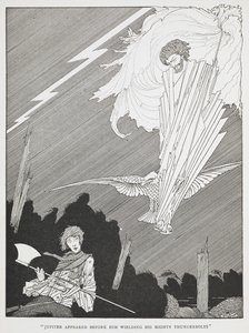 "Jupiter verscheen voor hem met zijn machtige bliksemschichten." Illustratie voor "de belachelijke wensen." door Harry Clarke