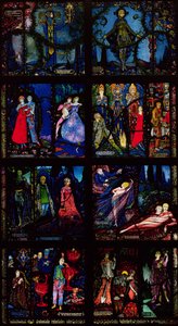Het Genève-raam, acht panelen met scènes uit de vroege Ierse literatuur, 1929