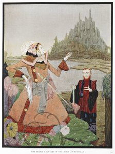 "De prins vraagt de oude landman." Een illustratie voor het verhaal, "de schone slaapster" door Harry Clarke