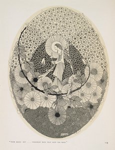 Aan de komende lente. "Met magische sleutel... ontgrendelen knoppen die de rozen bewaren" door Harry Clarke