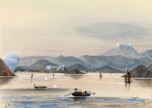 De HMS Tribune vindt zijn weg op de Chuenpee-rivier in Canton (China), met roeiboten en Chinese jonken door Harry Edmond Edgell