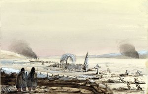 De begraafplaats in Kinburn (Oekraïne, Rusland) 1855. De HMS Tribune snijdt de bevroren wateren van de Dnjepr af. Schilderij door Vice-admiraal Harry Edmund Edgell, 1855. door Harry Edmond Edgell