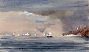 De ijsbergen bij Kaap Hoorn (Chili), met de silhouet van de HMS Tribune. Schilderij door Vice-admiraal Harry Edmund Edgell (1809-1876), aquarel 1856. door Harry Edmond Edgell