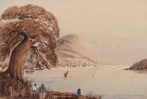 Uitzicht op een kuststad met boom en figuren op de voorgrond door Harry Edmond Edgell