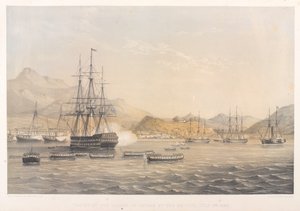 De verovering van het eiland Chusan door de Britten, 5 juli 1840 (gekleurde lithografie)