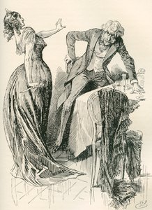Edith en Mr. Carker. "Hij kwam vrolijk naar haar toe, toen ze in een oogwenk het mes van de tafel pakte en een stap achteruit deed. "Blijf staan," zei ze, "of ik vermoord je!" Illustratie voor de roman van Charles Dickens door Harry Furniss