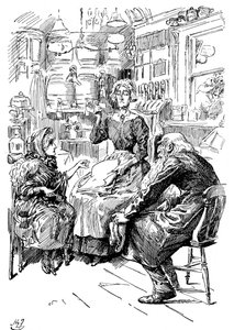 Mr. Riah en Miss Wren bij de Six Jolly Fellowship Porters, 1912 door Harry Furniss