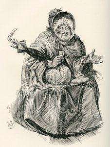 Mrs. Gamp. Illustratie voor de roman Martin Chuzzlewit van Charles Dickens, uit The Testimonial Edition, gepubliceerd in 1910. door Harry Furniss
