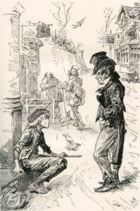 Oliver ontmoet The Artful Dodger. "Hullo, mijn vriend, wat is er aan de hand?" zei deze vreemde jonge heer tegen Oliver. "Ik ben erg hongerig en moe," antwoordde Oliver; de tranen stonden in zijn ogen terwijl hij sprak. "Ik heb een lange weg gelopen. Ik he