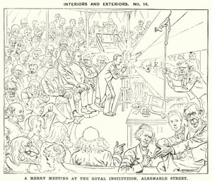 Punch cartoon: Een vrolijke ontmoeting bij de Royal Institution, Albemarle Street, Londen (gravure) door Harry Furniss