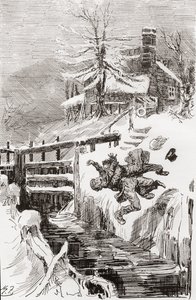 De Doodsstrijd in het Slot. "Heb ik je niet verteld." "Ik zal je levend vasthouden, en ik zal je dood vasthouden," riep Bradley, terwijl Riderhood achterover over de gladde put ging, en Bradley Headstone op hem." Illustratie door Harry Furniss voor de roma door Harry Furniss
