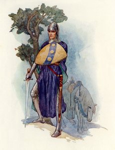 Een ridder die de weg verspert (kleurenlitho) door Harry George Theaker