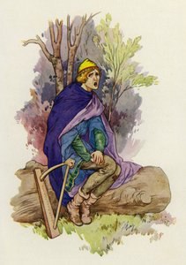 Terwijl hij zat, krijste de jongeling een treurig deuntje (kleurenlitho) door Harry George Theaker