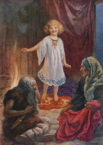 Aslaug, Aki en Grima, uit "Ragnar Lodbrog" (kleurenlitho) door Harry George Theaker