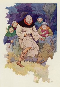 Bij de eerste aanraking van de pijlpunt door zijn gewaad sprong de abt met een gil in de lucht (kleurenlitho) door Harry George Theaker