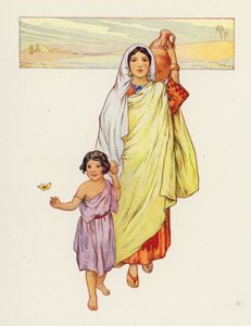 Hagar en Ismaël trokken de woestijn in (kleurenlitho) door Harry George Theaker