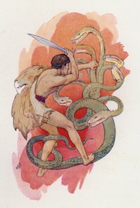 Hercules en de zevenkoppige slang (kleurenlitho)