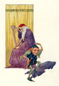 Minstrelen en dwergen vermaken de koning (kleurenlitho) door Harry George Theaker