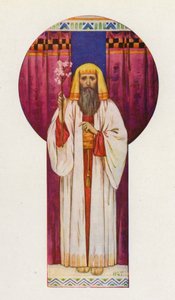 Mozes hield de toverstokken omhoog (kleurenlitho) door Harry George Theaker