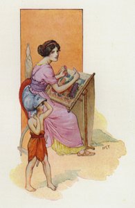 Penelope met haar zoon Telemachus (kleurenlitho) door Harry George Theaker