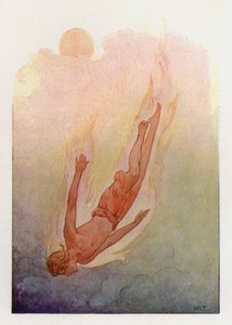Phaeton met zijn haar in vlammen, vallend in een diepe koele rivier (kleurenlitho) door Harry George Theaker