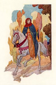 Prinses Guinevere rijdt (kleurenlitho)