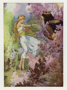 Proserpine danst tussen de lelies, gadegeslagen door een grote koning (kleurenlitho)