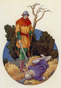 Robin sloeg toe en met één grote slag doodde hij Guy van Gisborne (kleurenlitho) door Harry George Theaker
