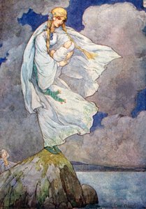 Ze had de baby meegenomen naar een grote grijze rots (kleurenlitho) door Harry George Theaker