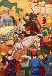 Sir Lancelots eerste toernooi (kleurenlitho) door Harry George Theaker