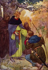 "Sire," zei Robin, terwijl hij op zijn knie viel, "Wij van Sherwood eisen een koninklijk pardon" (kleurenlitho)