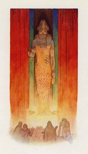 De oppergod van de Filistijnen was een visgod (kleurenlitho) door Harry George Theaker