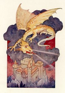 "De draak spreidde zijn vleugels uit en hing evenwichtig boven het kasteel" (kleurenlitho)