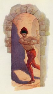 De eerste van hen was bloot vanaf de taille en droeg een zwart masker (kleurenlitho) door Harry George Theaker