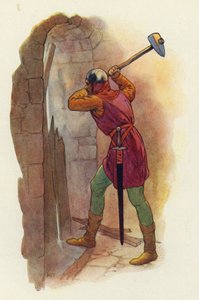 De hamer zwaaide opnieuw, en met een tweede verpletterende slag barstte hen een uitweg (kleurenlitho) door Harry George Theaker