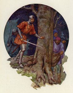 "Eindelijk de vogelvrijen!" riep de sheriff, en met getrokken zwaard rende hij naar de plek waar de figuren waren verdwenen (kleurenlitho)
