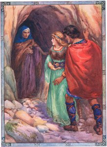 Ze kwamen bij een grot aan zee (van Diarmud en Grania) (kleurenlitho)