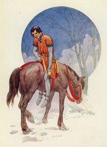Zo reed Guy weg, met zijn gezicht naar hen toe, zijn voeten stevig onder het paard geklemd (kleurenlitho) door Harry George Theaker