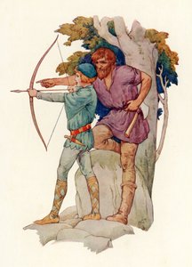 De jonge Lancelot leert boogschieten van de houthakker (kleurenlitho) door Harry George Theaker