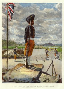 Een Sikh Wachtpost bij Fort Johnston, Brits Centraal-Afrika