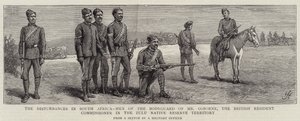 De onrusten in Zuid-Afrika, mannen van de lijfwacht van Mr Osborne, de Britse resident-commissaris in het Zulu Native Reserve Territory door Harry Hamilton Johnston