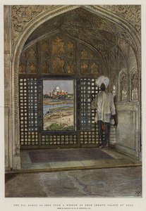 De Taj Mahal gezien vanuit een raam van het paleis van Shah Jehan in Agra
