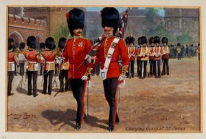 De Coldstream Guards wisselen van wacht bij St James, circa 1905