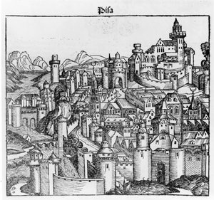 Pisa na "Liber Chronicarum" door Hartmann Schedel. Neurenberg 1493 door Hartmann Schedel